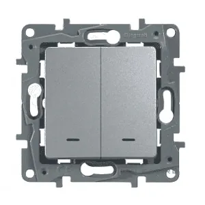 Переключатель 2-клавишный Legrand ETIKA, с подсветкой, скрытый монтаж, алюминий, 672416