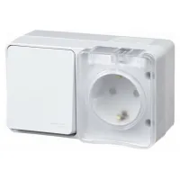 Блок: розетка 2Р+Е шторки 16А + 1-к выкл. 10А открытой установки IP54 SE AtlasDesign Profi54, белый