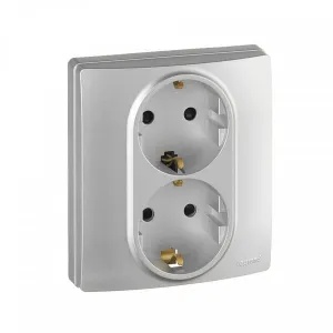 Розетка двухместная Legrand ETIKA, скрытый монтаж, с заземлением, со шторками, алюминий, 672433